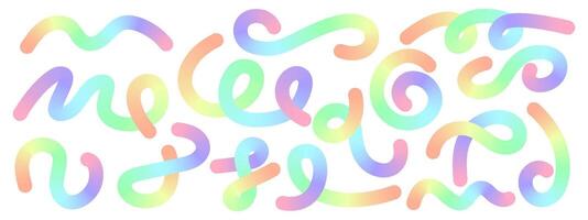 A collection of abstract iridescent gradient shapes with wavy lines . Colorful set of wavy lines for design . vector