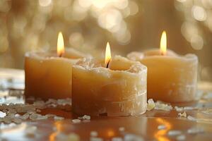 Tranquil Candlelight Ambiance with Three Burning Candles and Soft Bokeh Background - Ideal for Relaxation and Meditation. photo