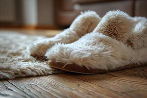 Cozy Winter Concept with Fluffy White Slippers on Wooden Floor for Home Comfort and Relaxation photo
