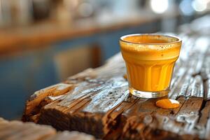 Vibrant Fresh Orange Juice on Rustic Wooden Table - Ideal for Breakfast Themes and Health Concepts photo