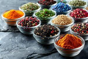 Assorted Spices in Glass Bowls on Slate Surface - Culinary Ingredients for Cooking, Design for Print, Poster photo