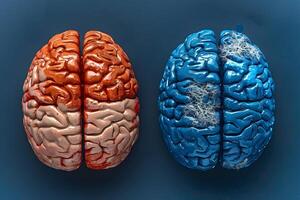 Left and Right Brain Hemispheres with Targeted Neurological Regions in Blue and Red photo