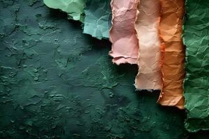 Elegant Torn Texture Art Featuring Green, Peach, and Orange Paper Over Rustic Green Backdrop - Perfect for Artistic Designs and Backgrounds photo
