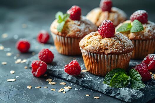 Homemade Raspberry Muffins with Fresh Mint Garnish on Rustic Slate Ideal for Bakery Display, Menu Design, Recipe Cards photo