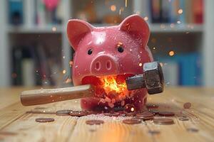 Breaking Piggy Bank with Hammer and Coins - Savings Concept for Financial Crisis and Economic Planning photo