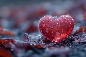 Wet Red Heart on Autumn Leaves - Romantic Symbolism for Love and Nature Themes photo