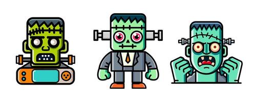 Set of Frankenstein Halloween cartoon characters. White isolate background. Doodle art collection. vector