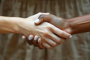 Unity and Diversity Close-Up of Hands in a Firm Handshake - Symbol of Cooperation and Trust photo