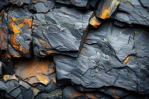 Abstract Natural Slate Rock Layers with Orange Mineral Deposits for Texture and Background Design photo