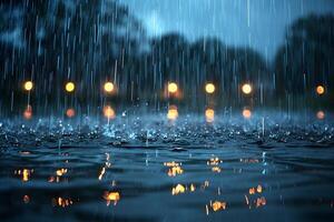Close-Up of Raindrops Falling in Puddle at Night with Bokeh Light Background Nature, Weather, Tranquility Theme photo