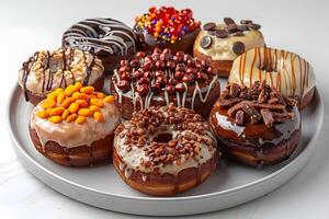 Assorted Gourmet Donuts Platter with Colorful Toppings for Social Media, Poster, or Menu Design photo