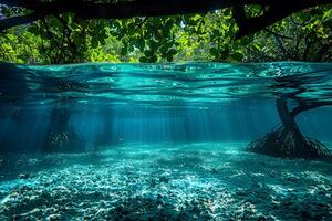 Underwater Tropical Mangrove Forest with Sunlight Rays Nature Stock Photo for Print and Design