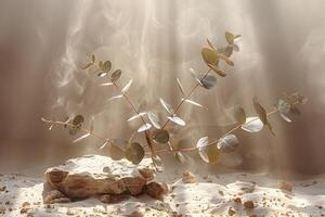 Ethereal Desert Scene with Eucalyptus Leaves on Rocks under Sunlight Nature, Tranquility, Design for Posters and Prints photo