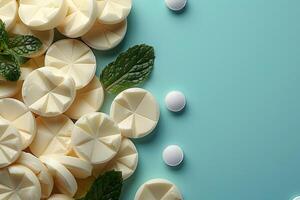 Refreshing Mint and Citrus Candy Discs with Tablets on Blue Background - Ideal for Confectionery Promotion and Design photo