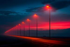 Scenic Twilight Highway with Row of Lamp Posts Against Red and Blue Sky for Print, Poster, and Digital Use photo