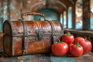 Vintage Wooden Chest with Fresh Tomatoes in Rustic Setting - Perfect for Farm to Table Themes photo