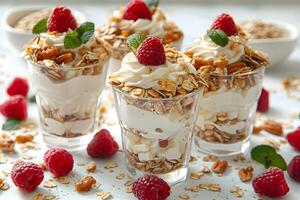 Delicious Granola Parfait Dessert with Fresh Raspberries and Cream - Perfect for Summer Gatherings and Party Treats photo