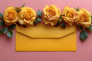 Elegant Yellow Roses and Envelope on Pink Background - Design for Cards, Invitations, and Floral Themes photo