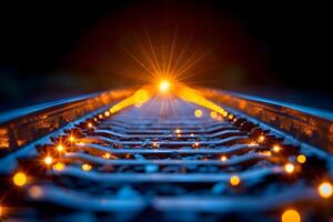 Dazzling Night Train Tracks with Glowing Lights and Starburst Effect - Perfect for Design, Poster, Background photo