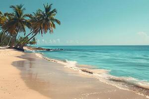 Tropical Beach Paradise with Swaying Palm Trees and Clear Blue Ocean for Summer Vacation and Travel Design photo