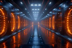 Futuristic Data Center Hallway with Glowing Servers - Technology, Networking, Sci-Fi Concept photo