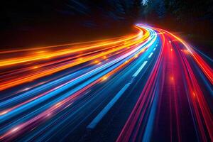 Long Exposure Night Highway with Light Trails and Neon Colors for Futuristic and Dynamic Abstract Backgrounds photo
