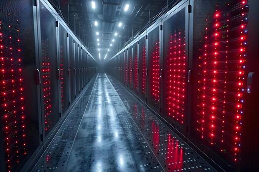 Modern Data Center Corridor with Illuminated Servers and Advanced Cooling Systems for High-Performance Computing photo
