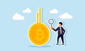 A businessman analyzing an increasing Bitcoin graph with a magnifying glass, illustration of Analyzing the surge in Bitcoin valuation vector