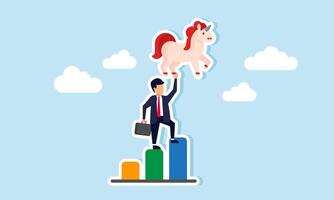 A businessman standing on a chart, trying to catch a unicorn, illustration of Startup business progress to reaching unicorn status with impressive performance vector
