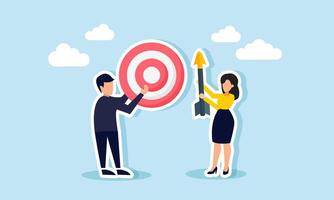 A businessman holding a target board and a businesswoman holding an arrow, illustration of alignment between business targets and execution methods for optimal results vector