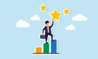 A businessman standing on a graph trying to catch a star, illustration of Awards or ratings a company receives for excellent business performance and progress vector