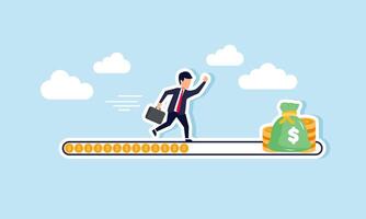 A businessman running on a coin loading bar towards a pile of coins and money bags, illustration of Step by step, a businessman collects profits to achieve greater gains vector