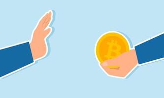 A businessman offering Bitcoin with one hand, rejected by the other hand, illustration of Decision to avoid trading or investing in Bitcoin or any cryptocurrency vector