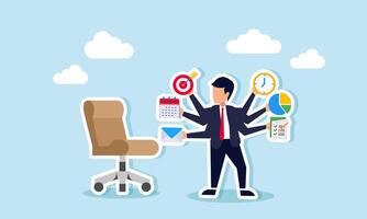Businessman with many hands holding mail, calendar, targets, clock, diagram, and tasks, illustration of manage mail, setting agendas, establishing targets, scheduling, reporting, and presentations vector