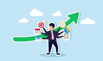 A multitasking businessman with many hands holding mail, calendar, targets, and more, stands before a rising green graph, illustration of Business success thanks to a businessman multitasking vector