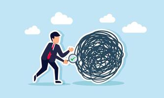 A businessman with a magnifying glass and a checkmark investigating or examining something disorganized, illustration of evaluation of unclear processes to simplify them vector