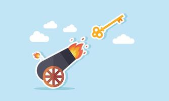 A cannon firing a golden key, illustration of A problem solved in a structured and elegant manner vector