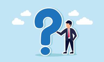 A businessman holding onto a large question mark, illustration of Someone still uncertain, facing major questions about business or work issues and how to resolve them vector