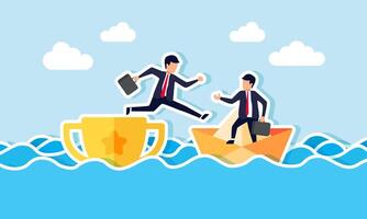 A businessman jumping from a top trophy onto a paper boat owned by a business partner, an illustration of declining achievements, business competition, and seeking a safe and comfortable zone vector