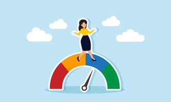 A businesswoman relaxing on a speedometer with the needle in the good range, illustration of Owner satisfaction with the company's strong performance in finance, management, and operations vector