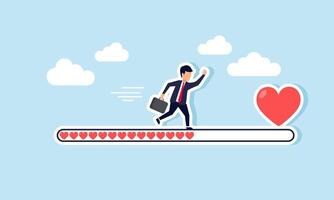 A businessman running on a heart shaped loading bar toward a large heart at the end, illustration of Step by step, a businessman get attention from target markets or customer segments vector