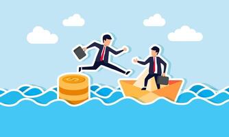 A businessman jumping from a top stack of coins onto a paper boat owned by a business partner, an illustration of the weakening dollar, securing assets by shifting them from dollars to other assets vector