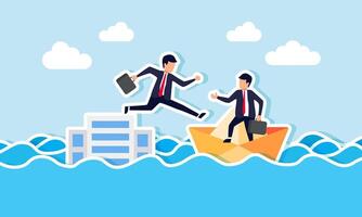 A businessman jumping from a top building onto a paper boat owned by a business partner, an illustration of a company facing bankruptcy, escaping a failing business vector