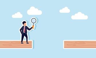 A businessman analyzing an incomplete wooden bridge using a magnifying glass, illustration of Analyzing poor collaboration communication between company partners vector