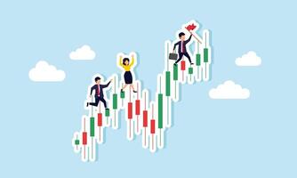 A competitor chasing a businessman holding a flag running on top of a stock chart, illustration of Competition in stock valuation and business revenue vector