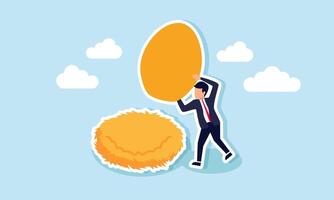 A businessman lifting a giant golden egg from its nest, illustration of Reaping or enjoying the results of an investment made over time vector