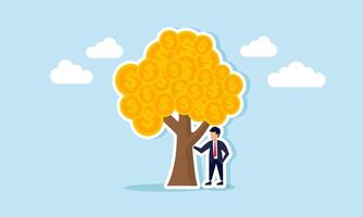 A businessman taking shelter and holding onto a tree with coin leaves, illustration of Someone who feels secure in life due to successful investments in various models or types of investments vector
