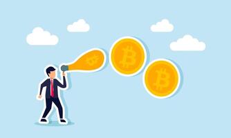 A businessman blowing a Bitcoin balloon, an illustration of increasing Bitcoin assets and expanding the cryptocurrency stock portfolio vector