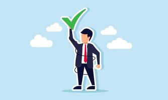 A businessman entangled in ropes, holding up a checkmark, illustration of A businessman strong resolve to achieve validation from others for his business success vector