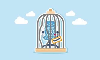 A spider webbed chair labeled vacant in a cage, showing a job with no applicants, illustration of A job opening with no applicants, showing an unattractive or unappealing position vector